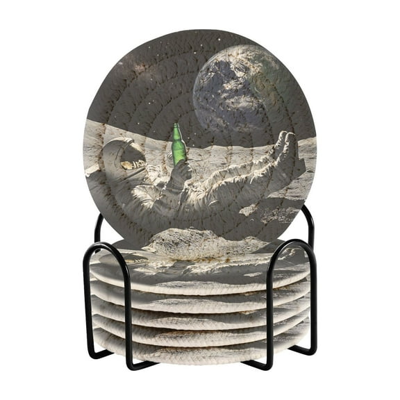 Yayeee 6 PCS Drink Coasters with Holder Set Woven Absorbent Round Tabletop Hot Pad, Space Earth