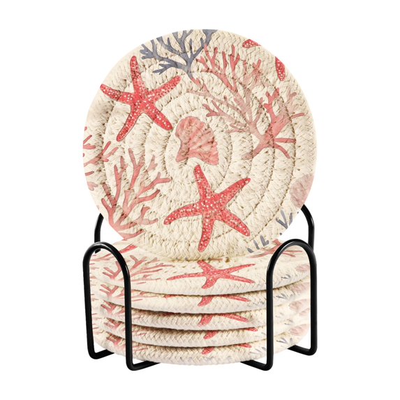 Yayeee 6 PCS Drink Coasters with Holder Set Woven Absorbent Round Tabletop Hot Pad, Starfish Seashell