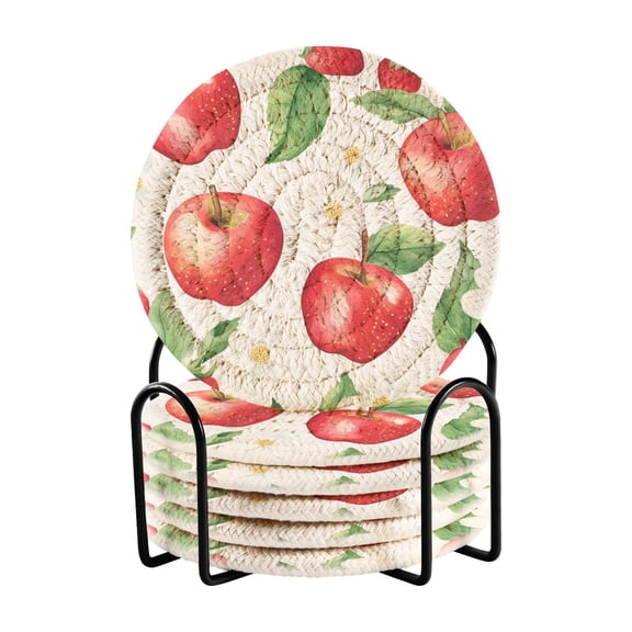 Yayeee 6 PCS Drink Coasters with Holder Set Woven Absorbent Round Tabletop Hot Pad, White Apple Pattern