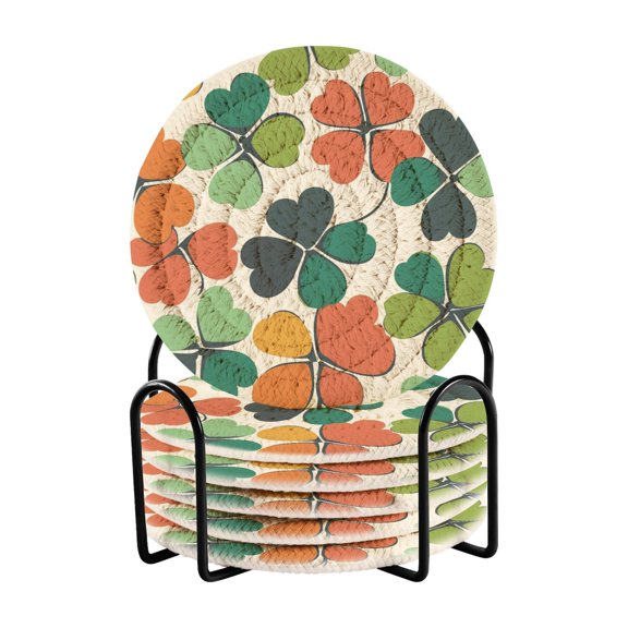 Yayeee 6 PCS Drink Coasters with Holder Set Woven Absorbent Round Tabletop Hot Pad, White Clover Pattern
