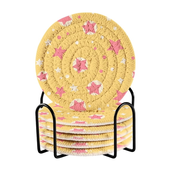 Yayeee 6 PCS Drink Coasters with Holder Set Woven Absorbent Round Tabletop Hot Pad, Yellow Stars