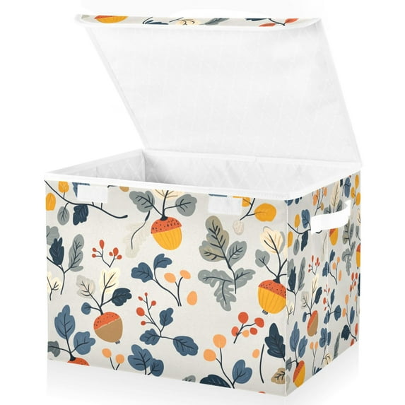 Yayeee Collapsible Cube Storage Bin with Lid Fabric Closet Decorative Basket with Handles, Acorn Leaves Pattern