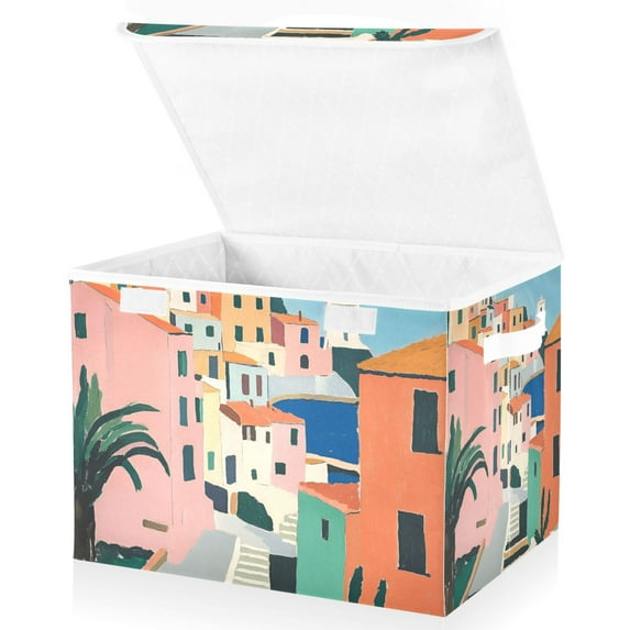 Yayeee Collapsible Cube Storage Bin with Lid Fabric Closet Decorative Basket with Handles, Art City