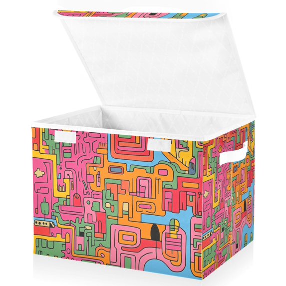 Yayeee Collapsible Storage Bin with Lid Fabric Closet Decorative Basket with Handles, Art City