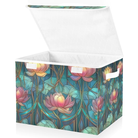 Yayeee Collapsible Cube Storage Bin with Lid Fabric Closet Decorative Basket with Handles, Art Water Lilies Pattern
