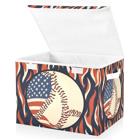 Yayeee Collapsible Cube Storage Bin with Lid Fabric Closet Decorative Basket with Handles, Baseball Pattern
