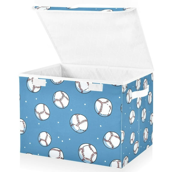 Yayeee Collapsible Cube Storage Bin with Lid Fabric Closet Decorative Basket with Handles, Baseballs Pattern
