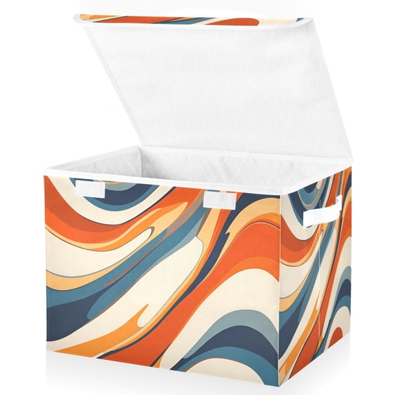 Yayeee Collapsible Cube Storage Bin with Lid Fabric Closet Decorative Basket with Handles, Beige Abstract Wavy
