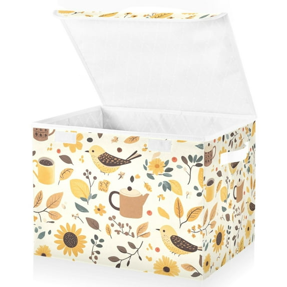 Yayeee Collapsible Cube Storage Bin with Lid Fabric Closet Decorative Basket with Handles, Beige Birds Floral