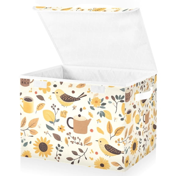 Yayeee Collapsible Cube Storage Bin with Lid Fabric Closet Decorative Basket with Handles, Beige Birds Floral