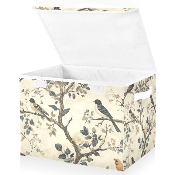 Yayeee Collapsible Storage Bin with Lid Fabric Closet Decorative Basket with Handles, Beige Birds