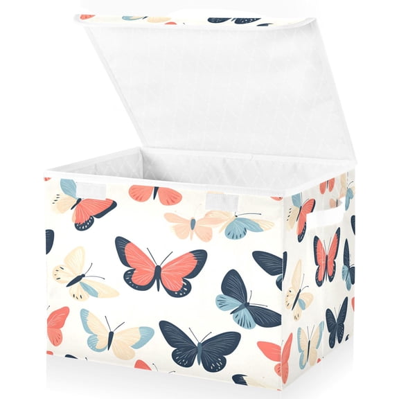 Yayeee Collapsible Cube Storage Bin with Lid Fabric Closet Decorative Basket with Handles, Beige Butterflies