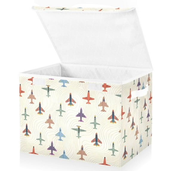 Yayeee Collapsible Cube Storage Bin with Lid Fabric Closet Decorative Basket with Handles, Beige Cartoon Planes Pattern