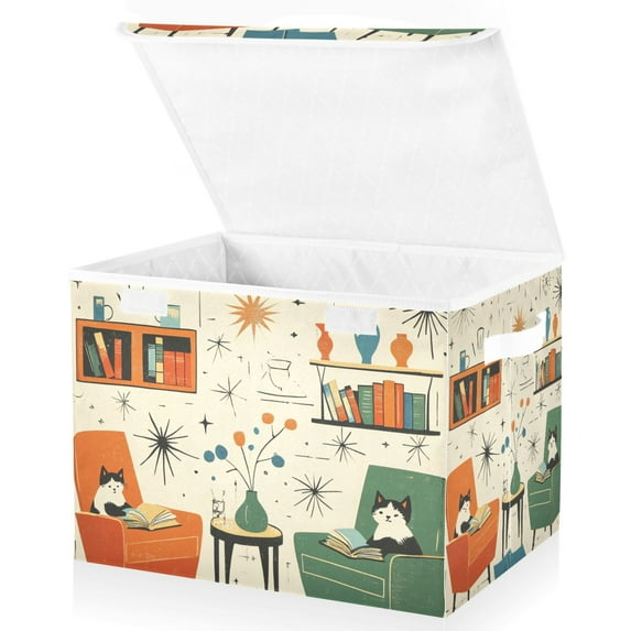 Yayeee Collapsible Cube Storage Bin with Lid Fabric Closet Decorative Basket with Handles, Beige Cats Reading
