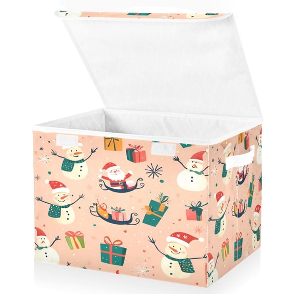 Yayeee Collapsible Storage Bin with Lid Fabric Closet Decorative Basket with Handles, Beige Christmas Snowman