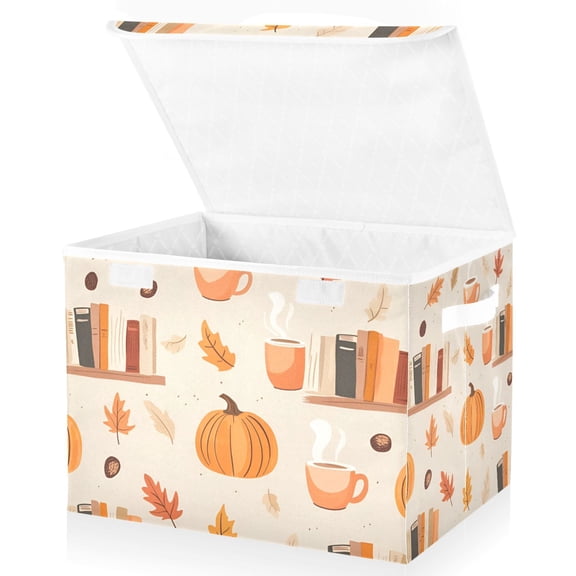 Yayeee Collapsible Cube Storage Bin with Lid Fabric Closet Decorative Basket with Handles, Beige Fall Acorns Pattern