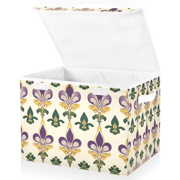 Yayeee Collapsible Storage Bin with Lid Fabric Closet Decorative Basket with Handles, Beige Floral Pattern