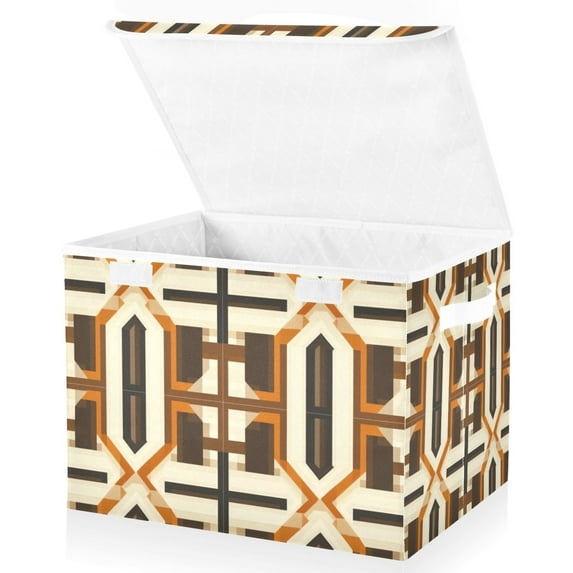 Yayeee Collapsible Cube Storage Bin with Lid Fabric Closet Decorative Basket with Handles, Beige Geometric