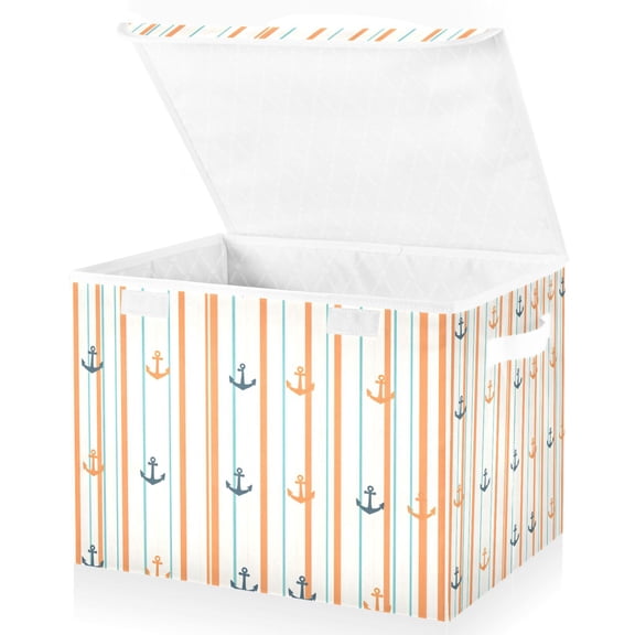 Yayeee Collapsible Cube Storage Bin with Lid Fabric Closet Decorative Basket with Handles, Beige Nautical Pattern