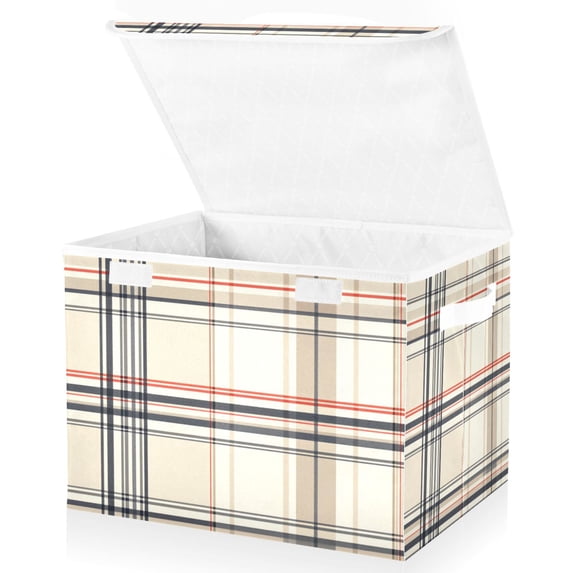 Yayeee Collapsible Cube Storage Bin with Lid Fabric Closet Decorative Basket with Handles, Beige Plaid Pattern