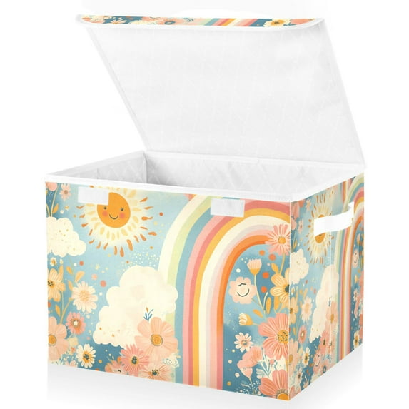 Yayeee Collapsible Cube Storage Bin with Lid Fabric Closet Decorative Basket with Handles, Beige Rainbow Clouds
