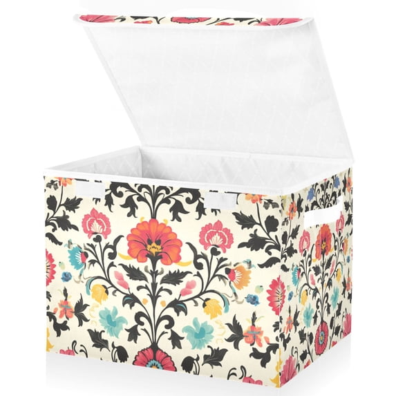 Yayeee Collapsible Cube Storage Bin with Lid Fabric Closet Decorative Basket with Handles, Beige Red Floral