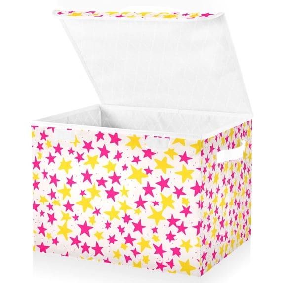 Yayeee Collapsible Cube Storage Bin with Lid Fabric Closet Decorative Basket with Handles, Beige Stars