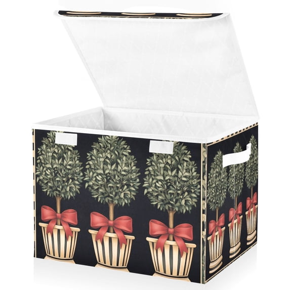 Yayeee Collapsible Cube Storage Bin with Lid Fabric Closet Decorative Basket with Handles, Beige Striped Trees