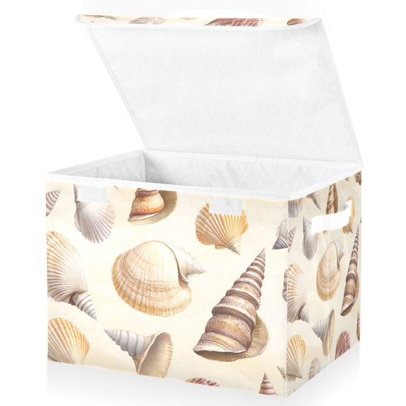 Yayeee Collapsible Cube Storage Bin with Lid Fabric Closet Decorative Basket with Handles, Beige Watercolor Seashells