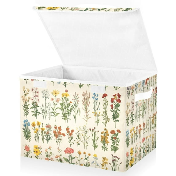 Yayeee Collapsible Cube Storage Bin with Lid Fabric Closet Decorative Basket with Handles, Beige Wildflowers