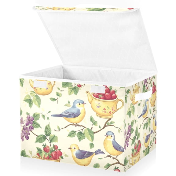 Yayeee Collapsible Cube Storage Bin with Lid Fabric Closet Decorative Basket with Handles, Birds with Strawberries