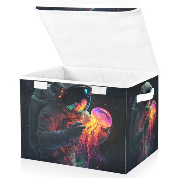 Yayeee Collapsible Cube Storage Bin with Lid Fabric Closet Decorative Basket with Handles, Black Astronaut