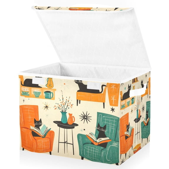 Yayeee Collapsible Cube Storage Bin with Lid Fabric Closet Decorative Basket with Handles, Black Cats Reading