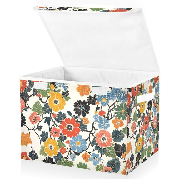 Yayeee Collapsible Cube Storage Bin with Lid Fabric Closet Decorative Basket with Handles, Black Flowers Pattern