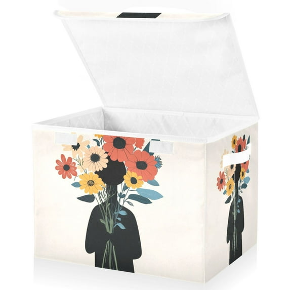 Yayeee Collapsible Cube Storage Bin with Lid Fabric Closet Decorative Basket with Handles, Black Flowers