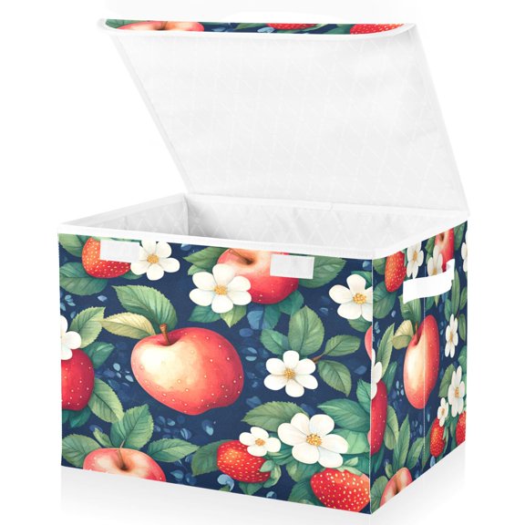 Yayeee Collapsible Storage Bin with Lid Fabric Closet Decorative Basket with Handles, Blue Apple Pattern
