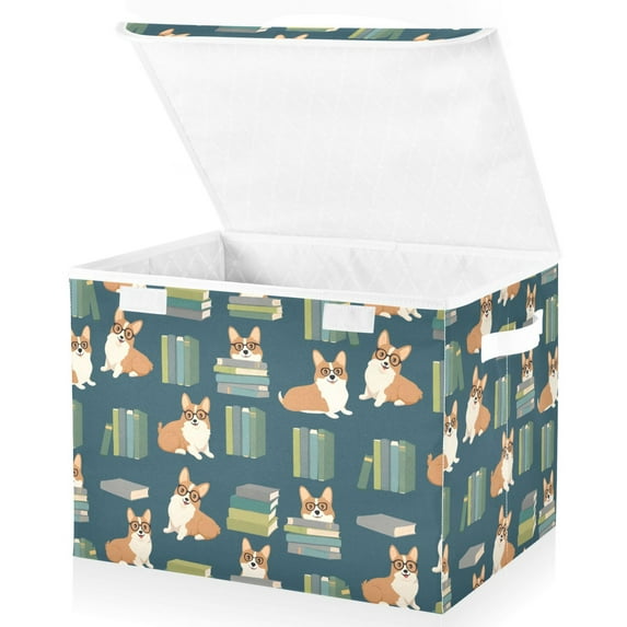 Yayeee Collapsible Cube Storage Bin with Lid Fabric Closet Decorative Basket with Handles, Blue Cartoon Dog Pattern