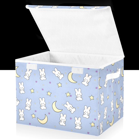 Yayeee Collapsible Storage Bin with Lid Fabric Closet Decorative Basket with Handles, Blue Cartoon Rabbit Pattern