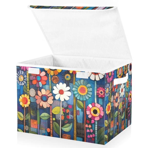 Yayeee Collapsible Cube Storage Bin with Lid Fabric Closet Decorative Basket with Handles, Blue Colorful Flowers