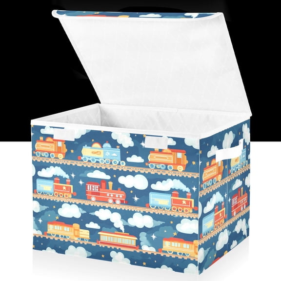 Yayeee Collapsible Cube Storage Bin with Lid Fabric Closet Decorative Basket with Handles, Blue Cute Train Pattern