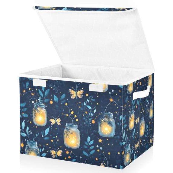 Yayeee Collapsible Storage Bin with Lid Fabric Closet Decorative Basket with Handles, Blue Fireflies Pattern