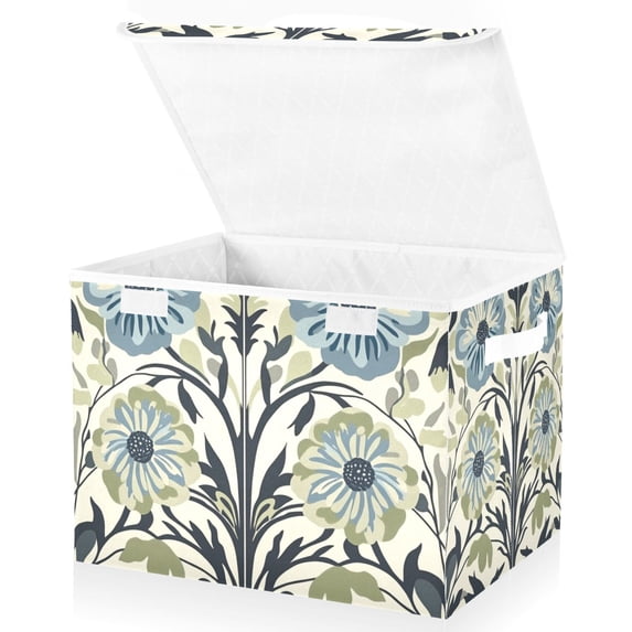 Yayeee Collapsible Storage Bin with Lid Fabric Closet Decorative Basket with Handles, Blue Floral Pattern
