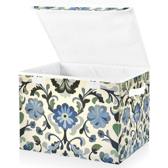 Yayeee Collapsible Cube Storage Bin with Lid Fabric Closet Decorative Basket with Handles, Blue Floral