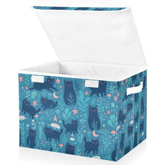 Yayeee Collapsible Cube Storage Bin with Lid Fabric Closet Decorative Basket with Handles, Blue Forest Cat Pattern