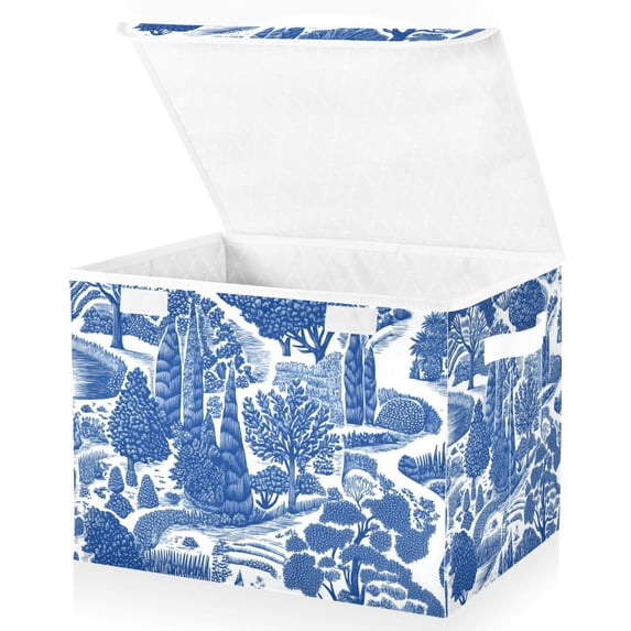 Yayeee Collapsible Cube Storage Bin with Lid Fabric Closet Decorative Basket with Handles, Blue Garden Pattern