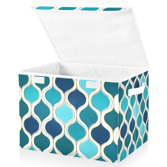 Yayeee Collapsible Cube Storage Bin with Lid Fabric Closet Decorative Basket with Handles, Blue Geometric Pattern