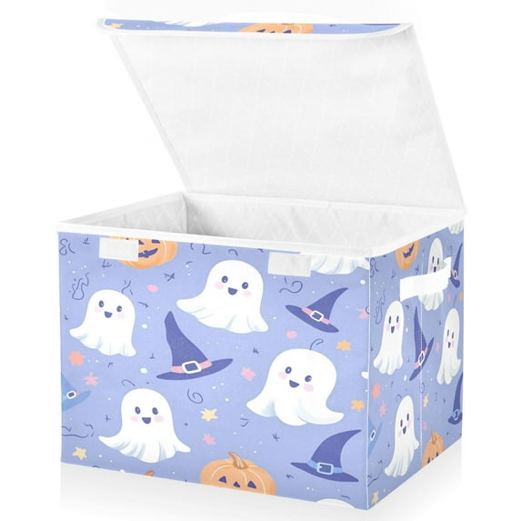 Yayeee Collapsible Cube Storage Bin with Lid Fabric Closet Decorative Basket with Handles, Blue Halloween