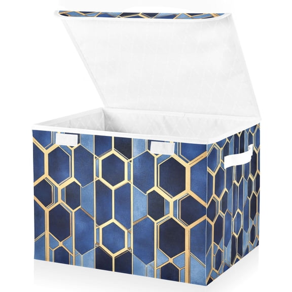 Yayeee Collapsible Cube Storage Bin with Lid Fabric Closet Decorative Basket with Handles, Blue Hexagon Pattern