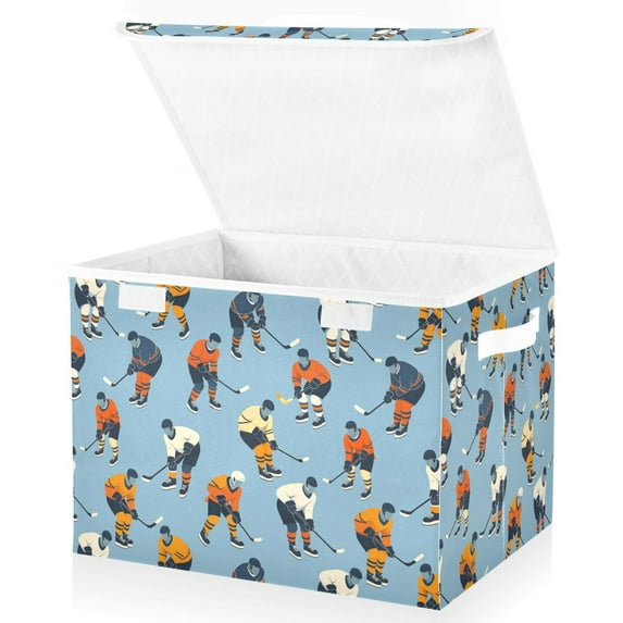 Yayeee Collapsible Cube Storage Bin with Lid Fabric Closet Decorative Basket with Handles, Blue Hockey Pattern