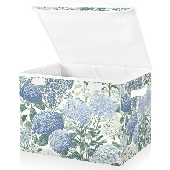 Yayeee Collapsible Cube Storage Bin with Lid Fabric Closet Decorative Basket with Handles, Blue Hydrangeas Pattern